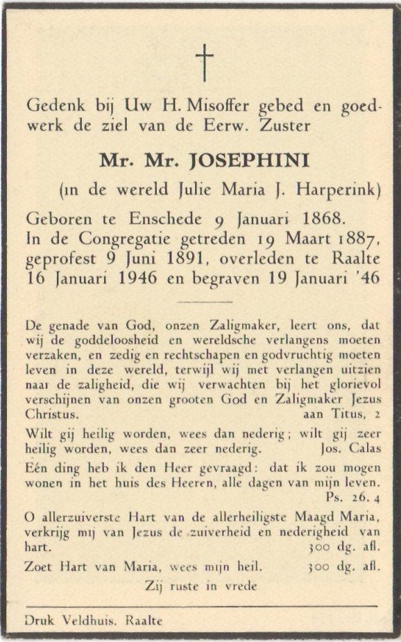 zr. Julie Maria Harperink 1868 Enschede + 1946 Raalte, 78 jr, Verzamelen, Ophalen of Verzenden