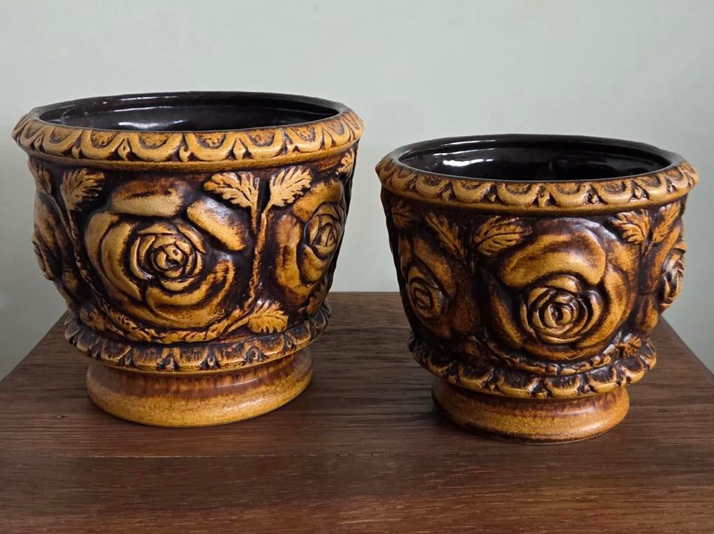 2 Vintage W.Germany rose bloempotten, Ophalen of Verzenden, Gebruikt, Rond, Aardewerk