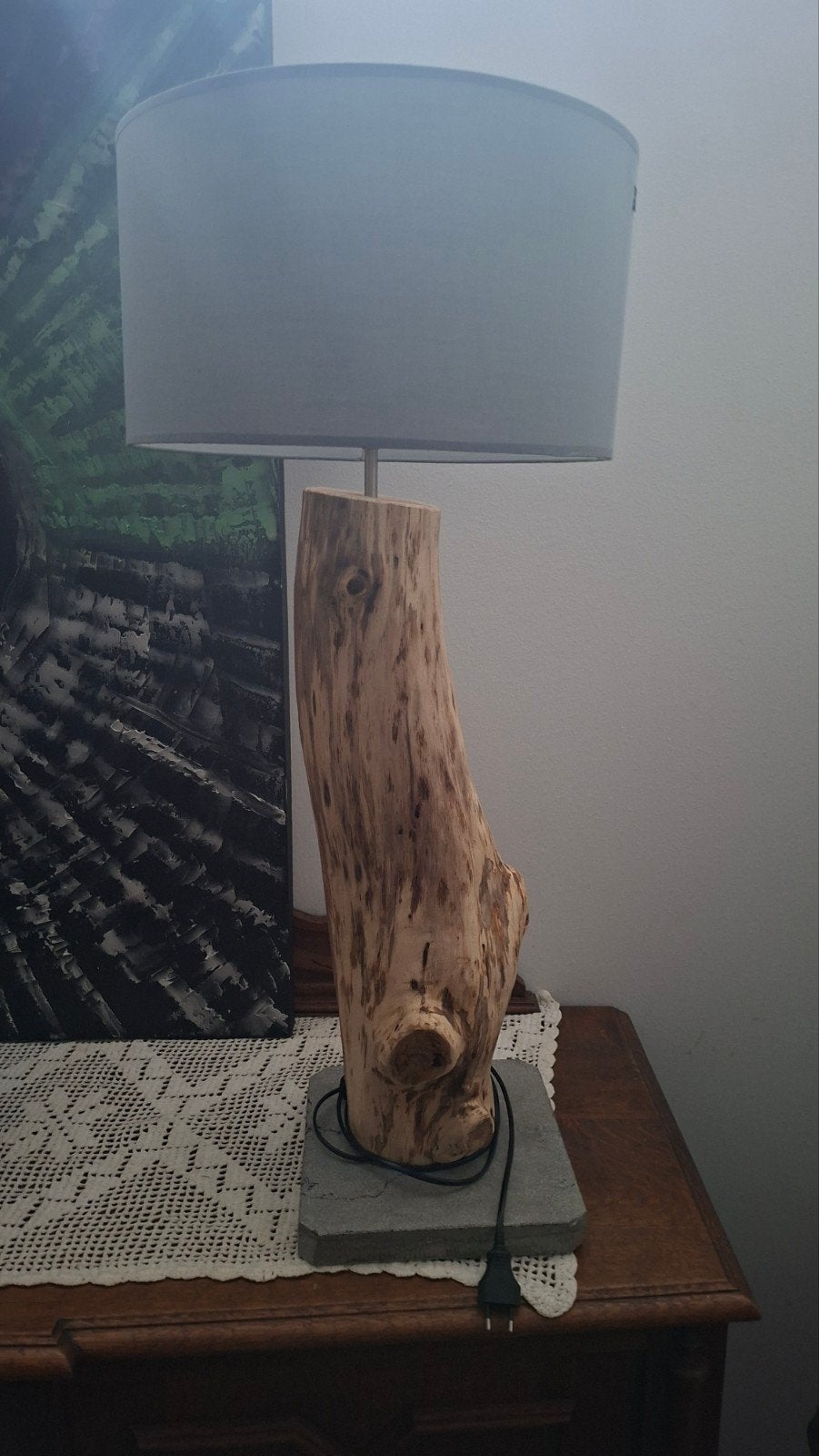 Unieke eikenlamp op natuursteenvoet -, Ophalen, Hout, E27 (groot), Handgemaakt