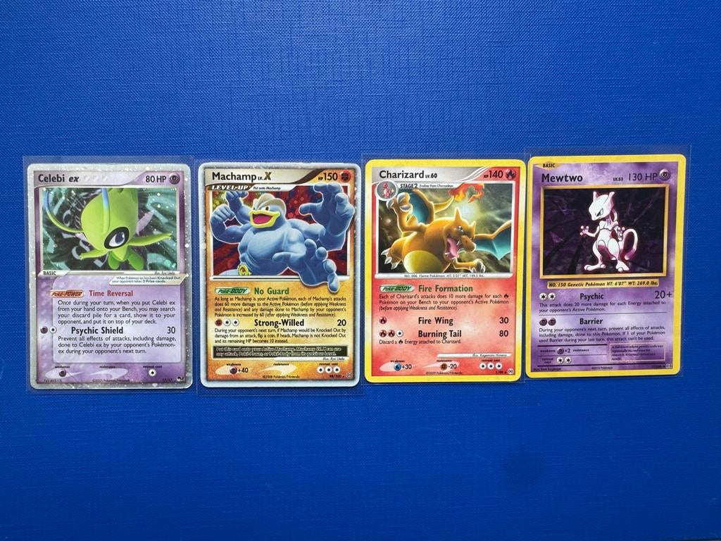 Zeldzame Pokémonkaarten: Celebi, Machamp, Charizard, Mewtwo, Ophalen of Verzenden, Gebruikt, Meerdere kaarten, Foil