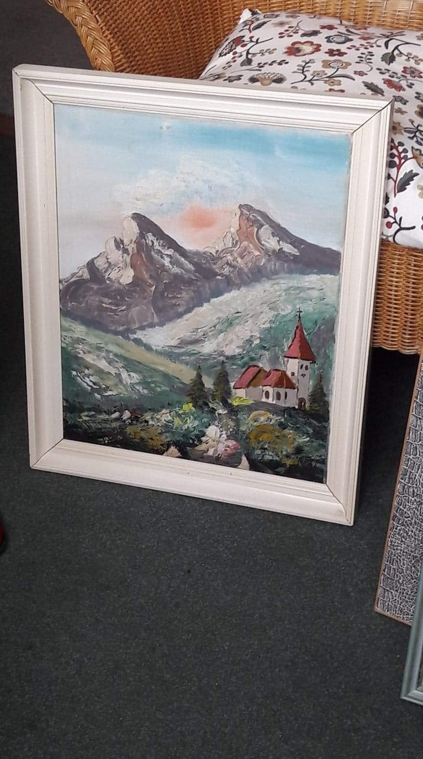 Schilderij met berglandschap en kerkje, Antiek en Kunst, Ophalen, Doek, Realistisch, Landschap