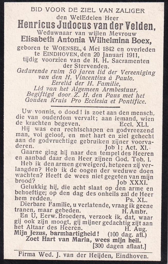 Velden Henricus 1842 Woensel 1911 Eindhoven, Ophalen of Verzenden, Bidprentje