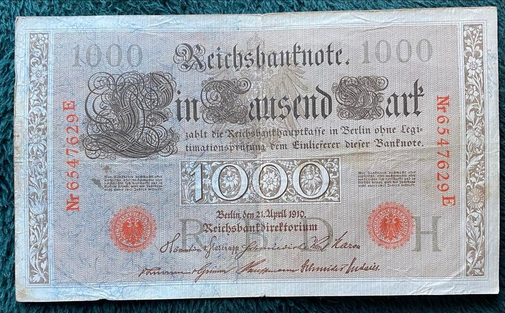 Reichsbanknote 1000 Mark 1910 Duitsland munt geld, Postzegels en Munten, Bankbiljetten | Europa | Niet-Eurobiljetten, Los biljet