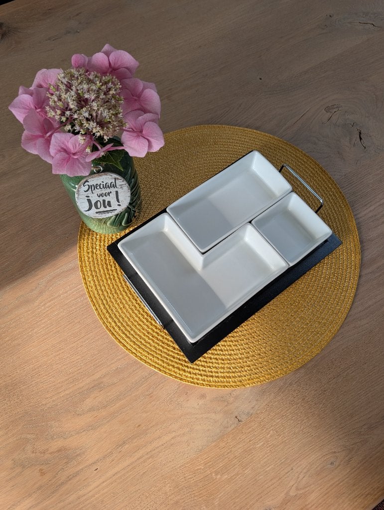 Plateau met 3 keramieken bakjes – modulair – M Collection, Porselein of Keramiek, Schaal, Ophalen of Verzenden, Zo goed als nieuw