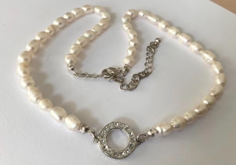 Vintage Prachtige parelketting barok naturel parel met krist, Overige kleuren, Verzenden, Zo goed als nieuw, Steen of Mineraal