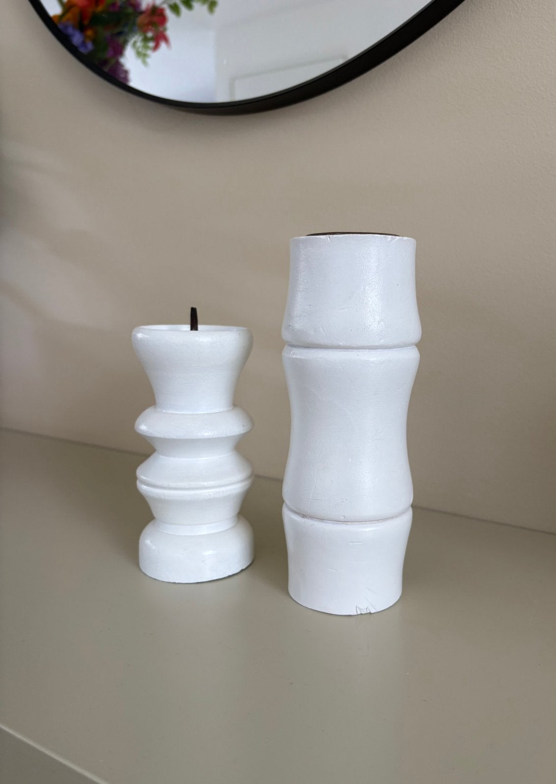 Boho | Set van 2 witte kandelaars | houten kandelaar, waxine, Ophalen of Verzenden, Zo goed als nieuw, Wit, Kaars