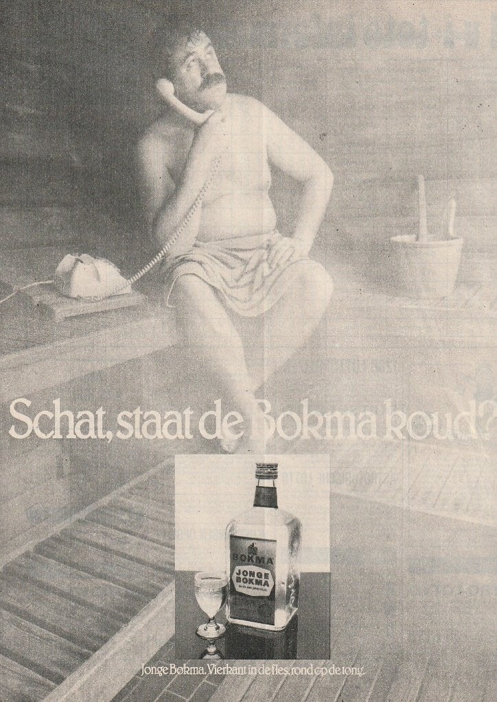 Retro reclame 1976 Bokma jenever bellen vanuit de sauna, Verzenden, Overige typen