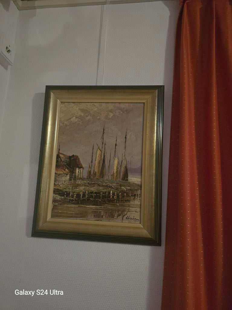Schilderij met havengezicht en boten, gesigneerd, Ophalen of Verzenden