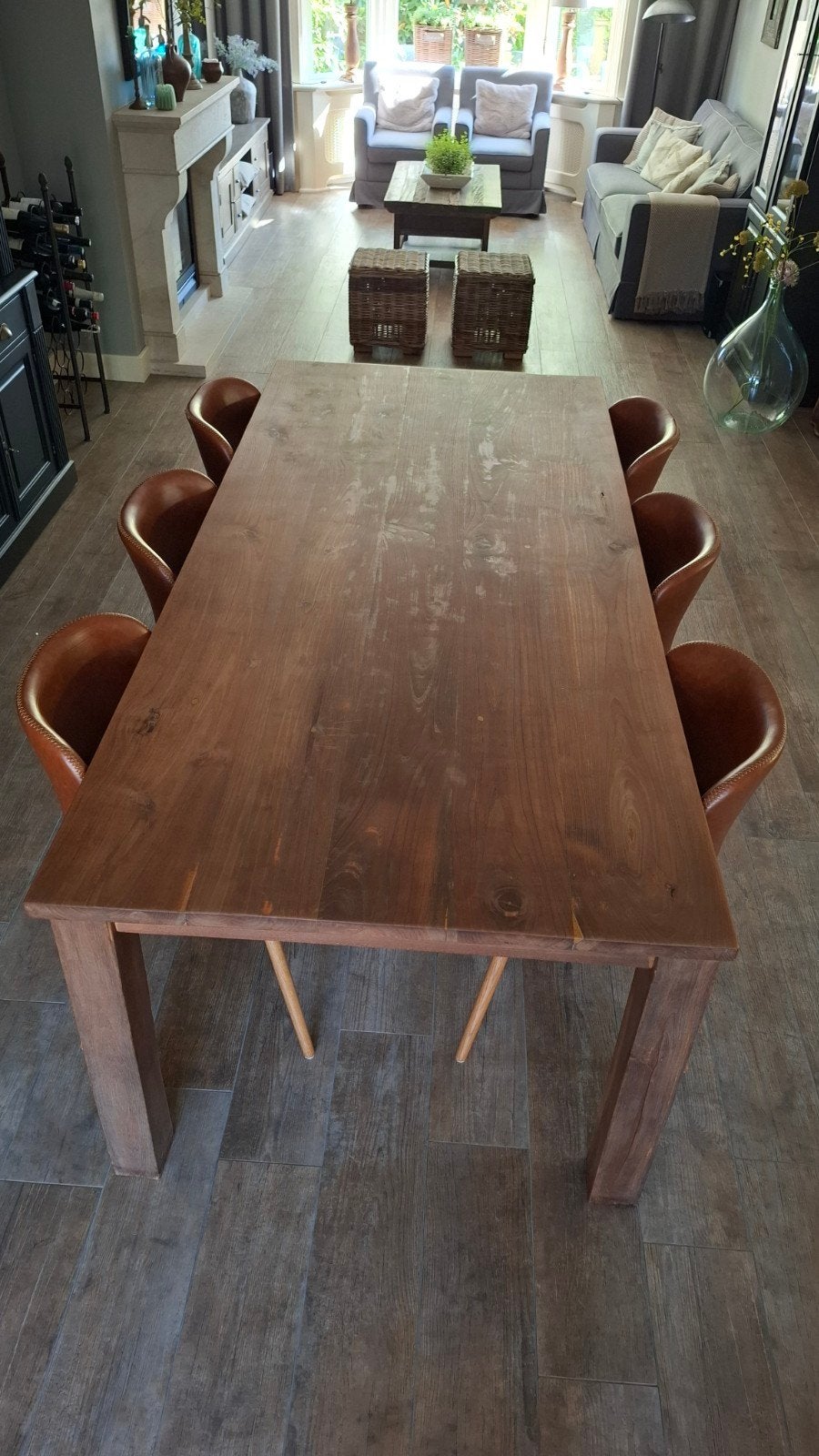 mooie eettafel met 6 sleetse eetkamerstoelen., Ophalen, Gebruikt, Teakhout, 200 cm of meer