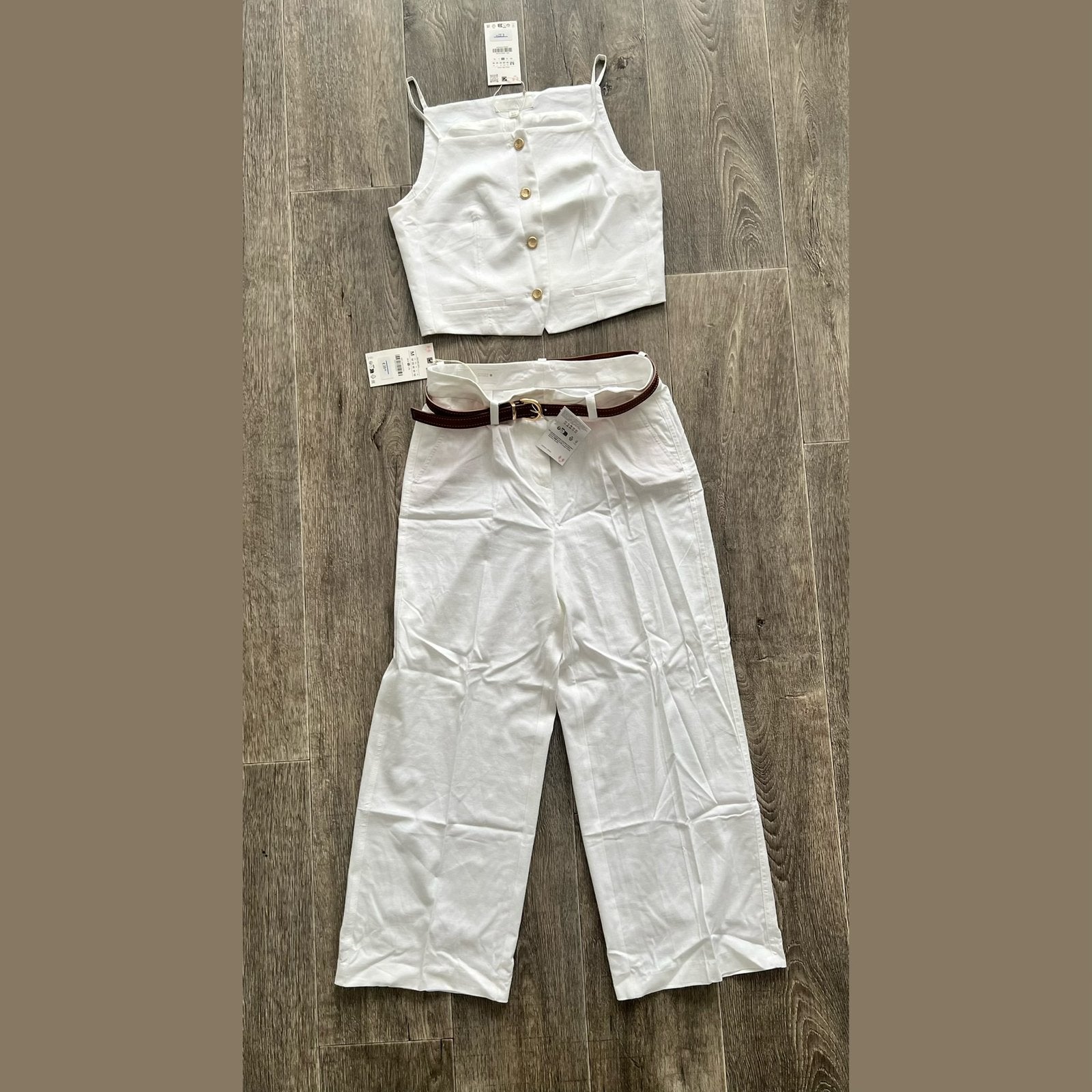 Zara witte linnen set - maat M, Maat 38/40 (M), Kostuum of Pak, Wit, Nieuw