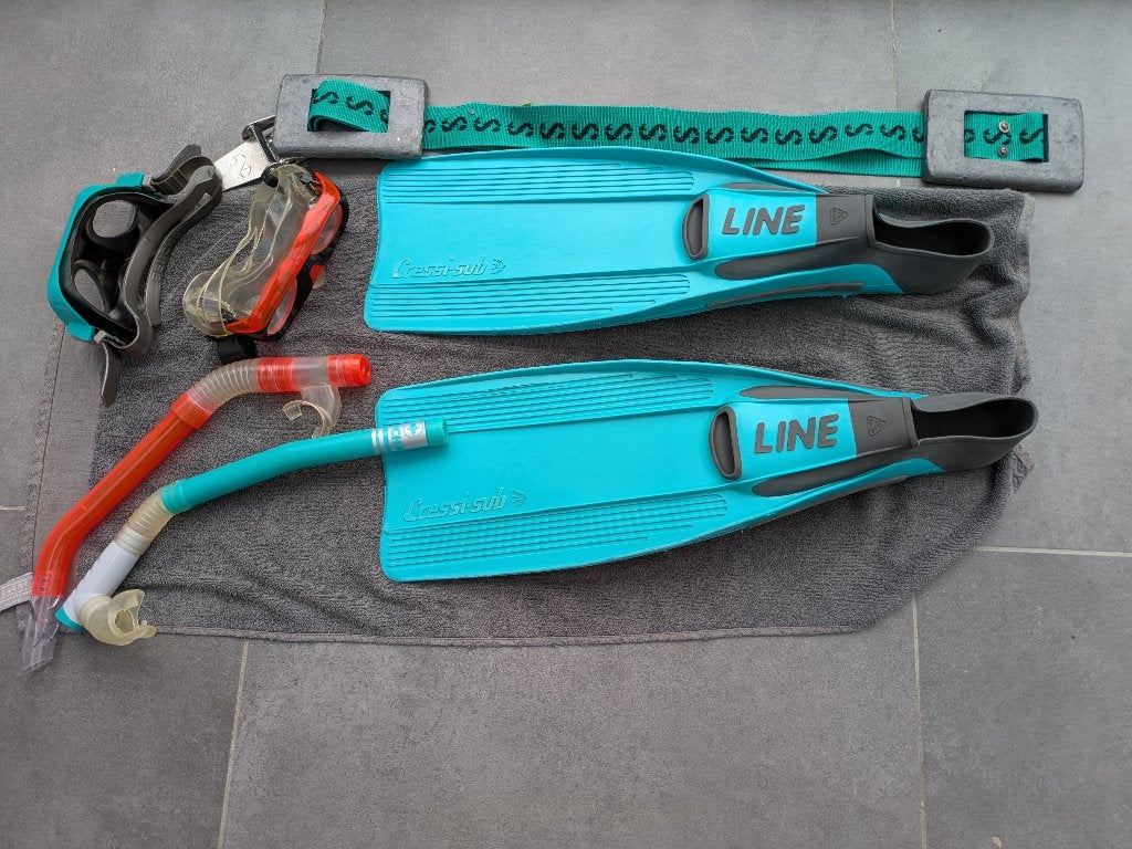 Duikset: vinnen, maskers, snorkel en loodgordel, Ophalen of Verzenden, Gebruikt, Overige typen