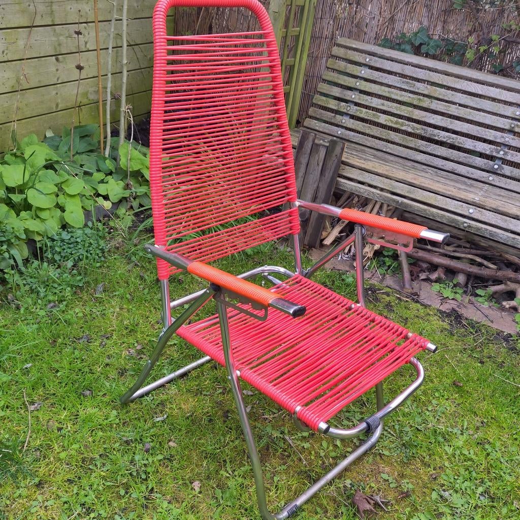 Retro tuinstoel met uitschuifbaar verlengstuk., Ophalen of Verzenden, Gebruikt, Metaal, Verstelbaar