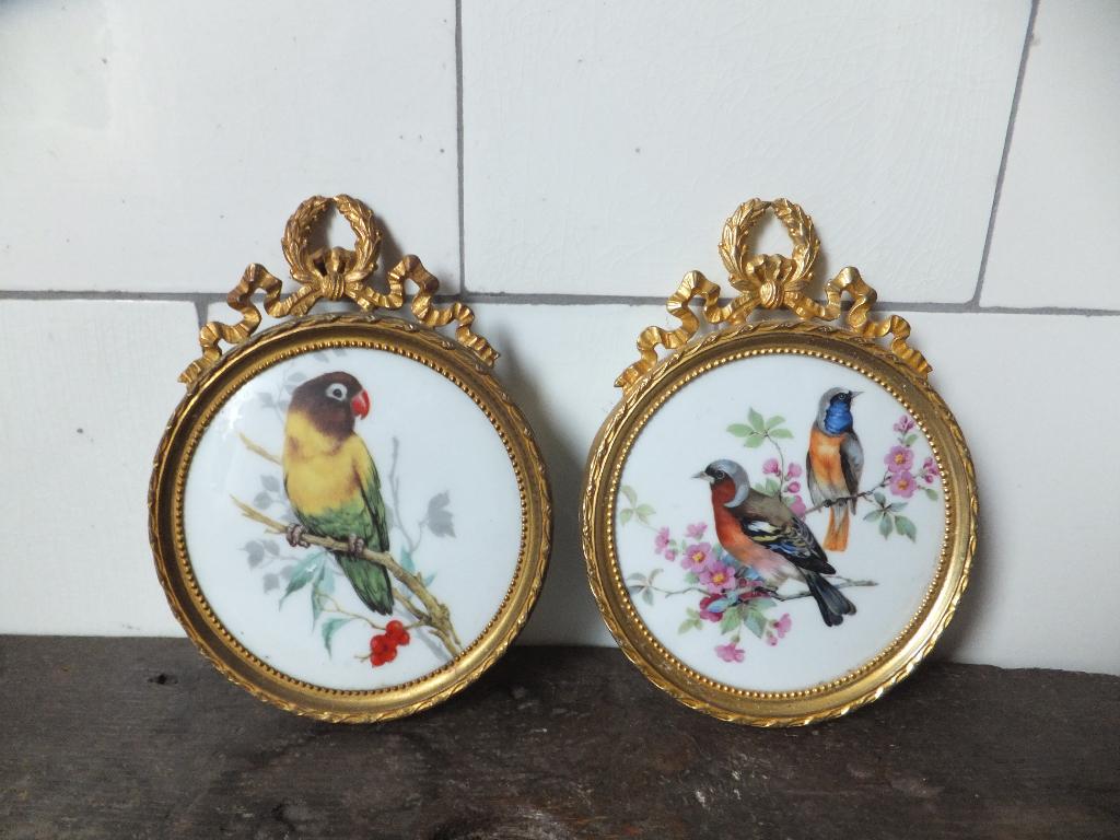 antiek wand hanger barok lijstje limoges porselein vogels 2x, Antiek en Kunst, Ophalen of Verzenden
