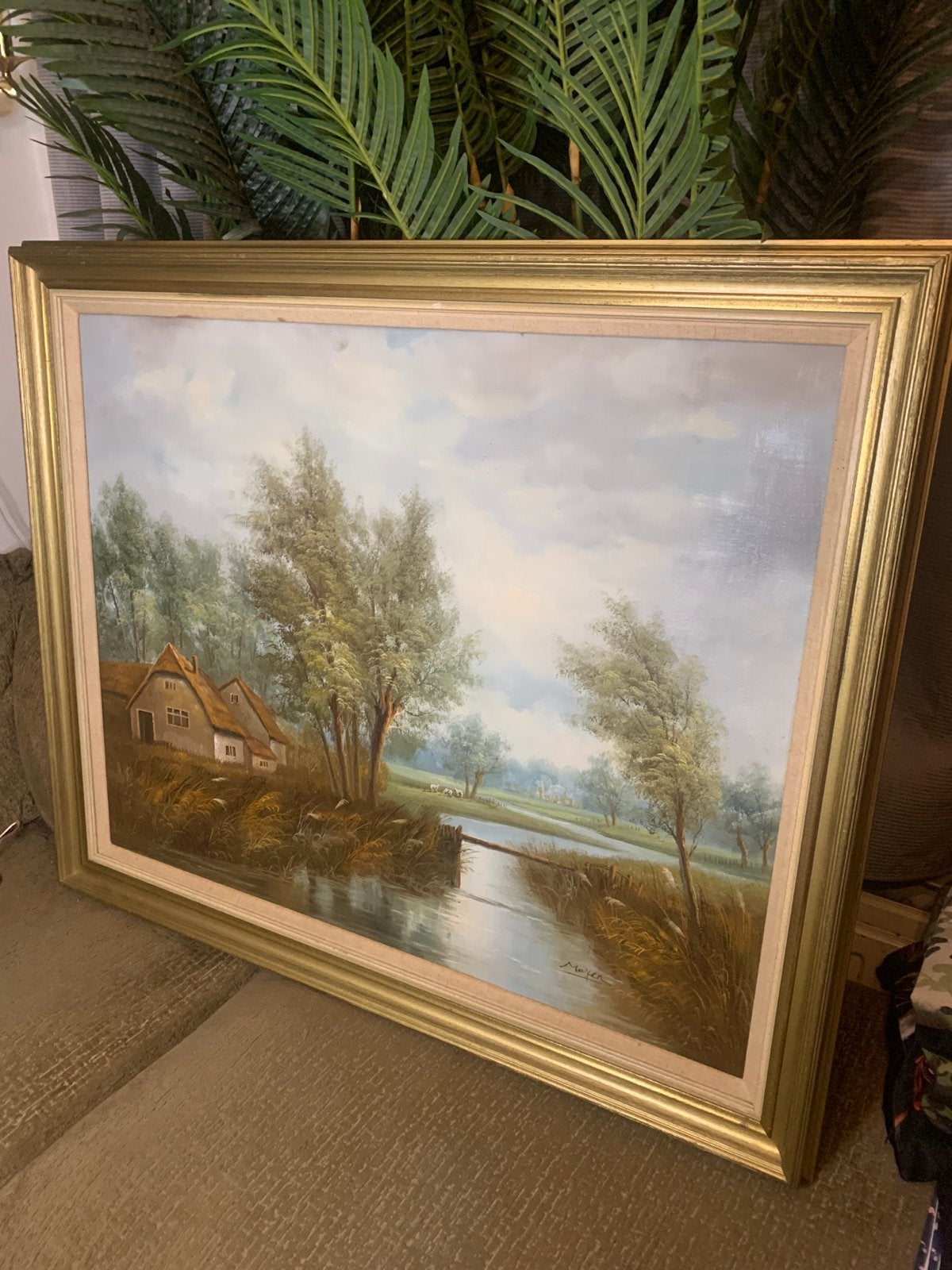 Xxl Schilderij klassiek Landschap met boerderij antiek, Antiek en Kunst, Ophalen, Doek, Realistisch, Gesigneerd