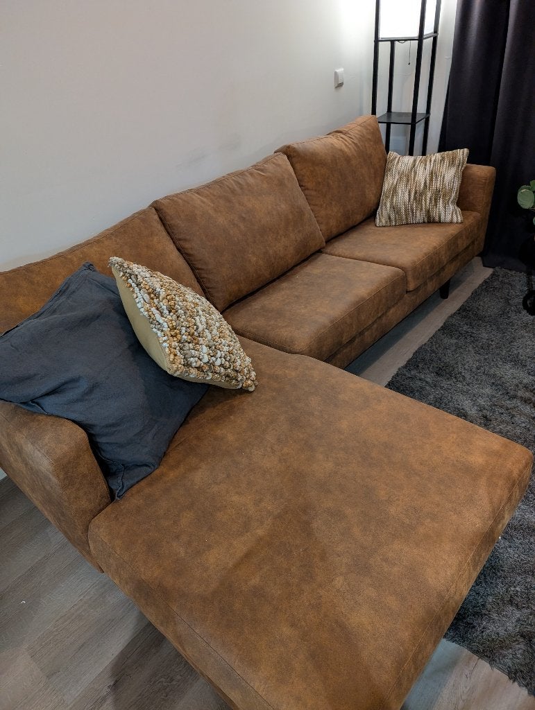 Hoekbank Collin in Bruin Leerlook (Cognac), Ophalen, Hoekbank, Driepersoons, 75 tot 100 cm