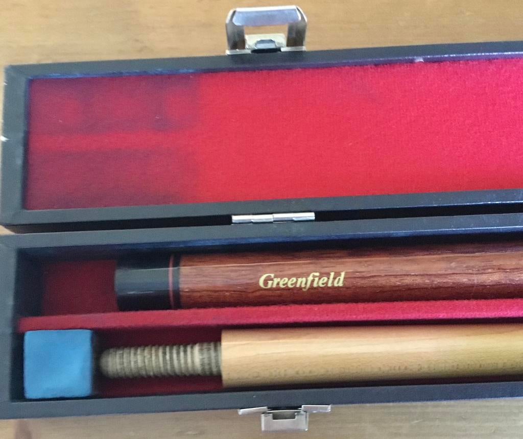 GREENFIELD BILJARTKEU IN KOFFER, Ophalen of Verzenden, Gebruikt, Keu of Ballen