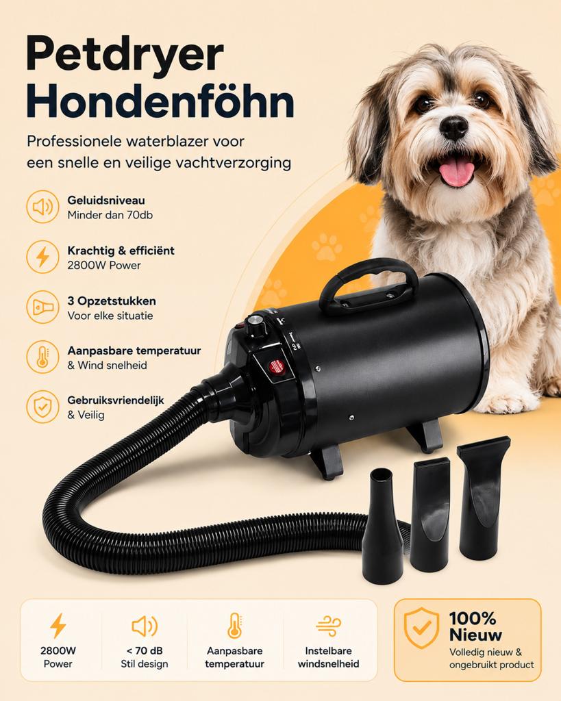 Petdryer Professionele Hondenföhn met 3 Opzetstukken, Dieren en Toebehoren, Honden-accessoires, Ophalen of Verzenden, Nieuw
