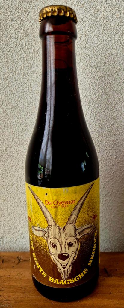 1985 fles Haagsche Meibock De Oyevaar br. RAAF Heumen 33cl, Ophalen of Verzenden, Zo goed als nieuw, Flesje(s), Overige merken