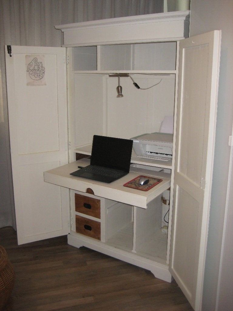 Handige Teakhouten computerkast met uittrek plateau, 3 lades, Ophalen, Gebruikt, 70 tot 120 cm, Teakhout