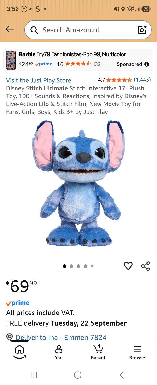 Disney Stitch Interactieve Pluche Knuffel - Perfecte Staat, Disney, Disney, Overige typen, Blauw