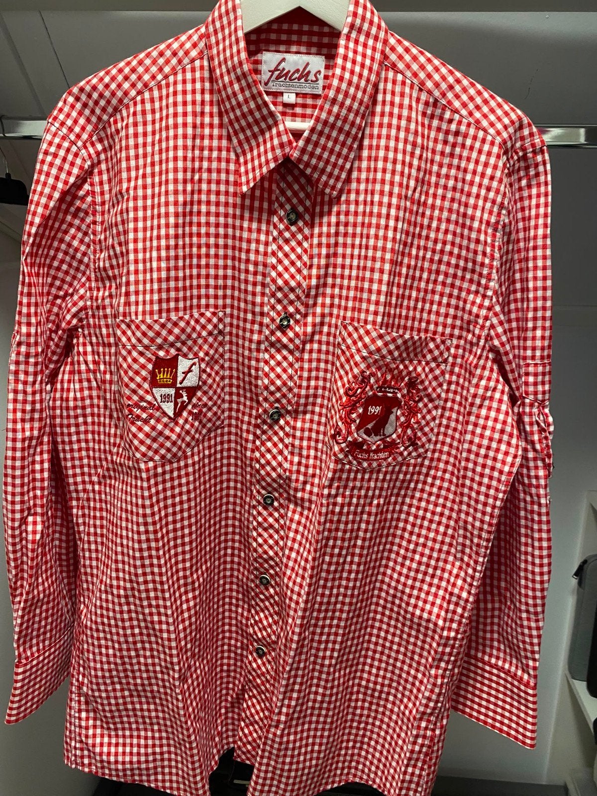 Fuchs Trachtenmoden rood geruit overhemd L - Oktoberfest, Ophalen of Verzenden, Zo goed als nieuw, Maat 48/50 (M), Fuchs Trachtenmoden
