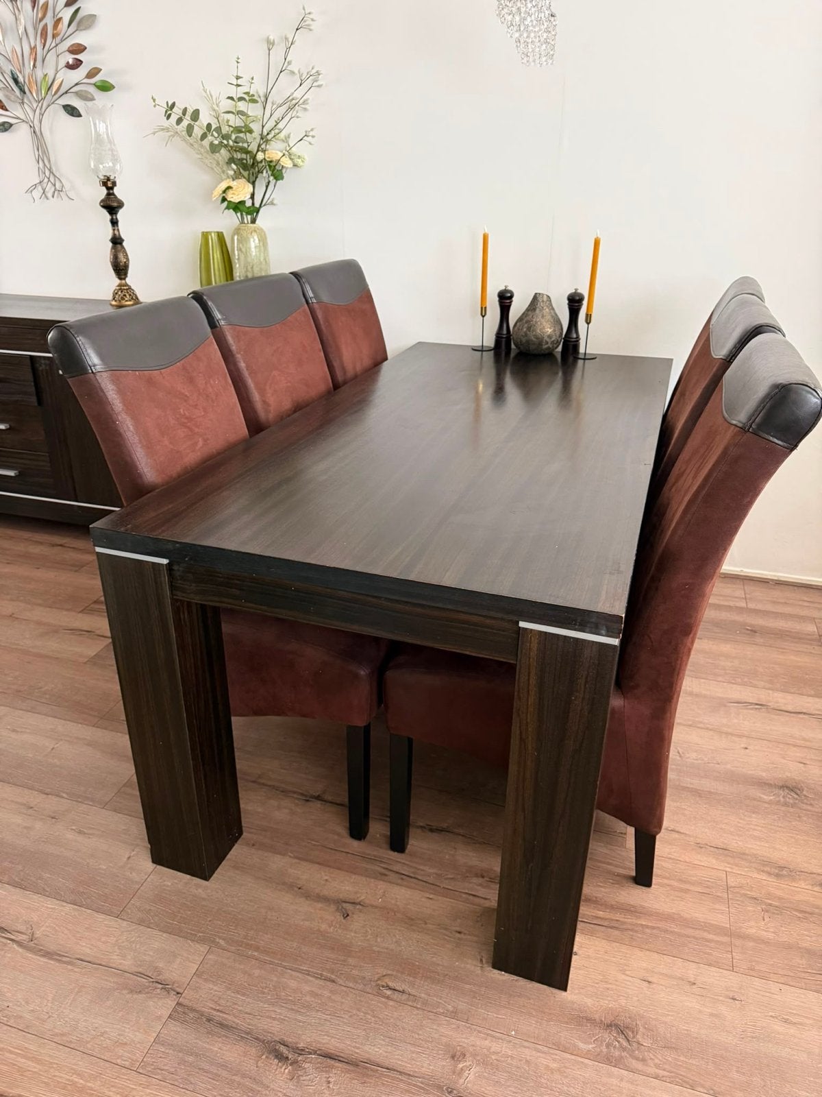 Massief houten eettafel met 6 stoelen, Huis en Inrichting, Ophalen, Gebruikt, Overige houtsoorten