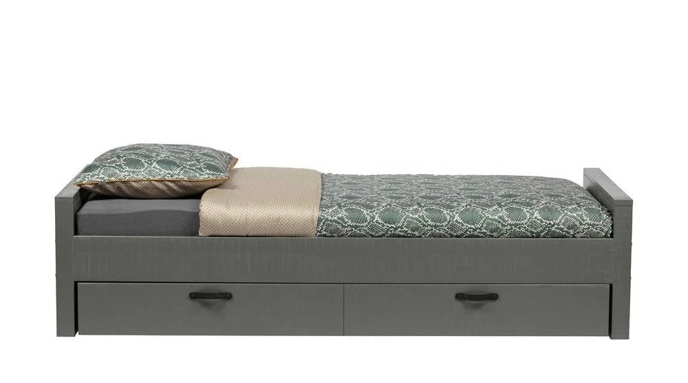 Bed Dennis van Woood met lade - Grijs Hout, Huis en Inrichting, Slaapkamer | Bedden, Ophalen, Gebruikt, 90 cm, Eenpersoons
