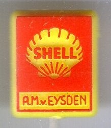 SHELL AM.v. Eysden rood op geel plastic speldje ( M_172), Verzenden, Zo goed als nieuw, Transport, Speldje of Pin
