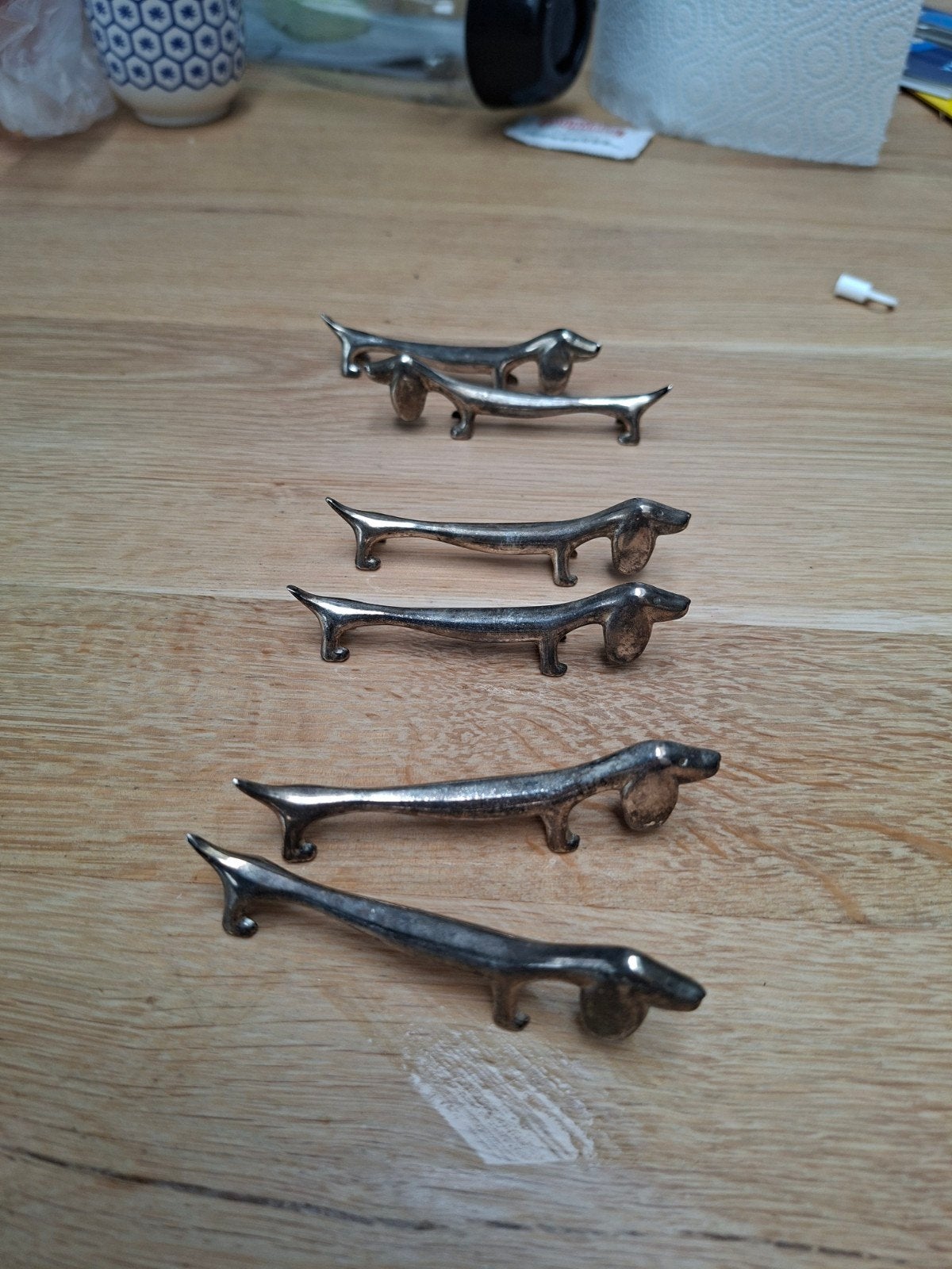 Set van 6 Teckel Bestekhouders - Zilverkleurig, Overige materialen, Gebruikt, Ophalen of Verzenden, Los bestek