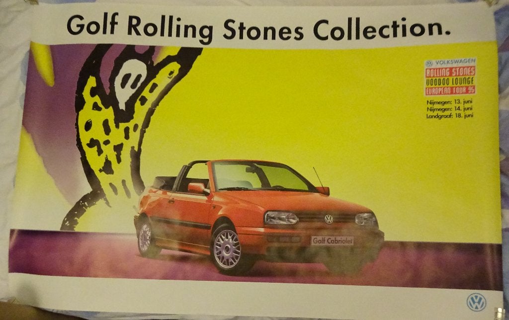 Poster  VW Golf cabrio  Rolling Stones  European tour 1995., Verzenden, Deurposter of groter, Rechthoekig Liggend, Zo goed als nieuw