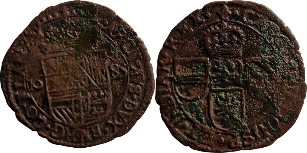 Zuidelijke Nederlanden liard 1685 Brugge Karel II koper, Postzegels en Munten, Ophalen of Verzenden, Overig, Losse munt