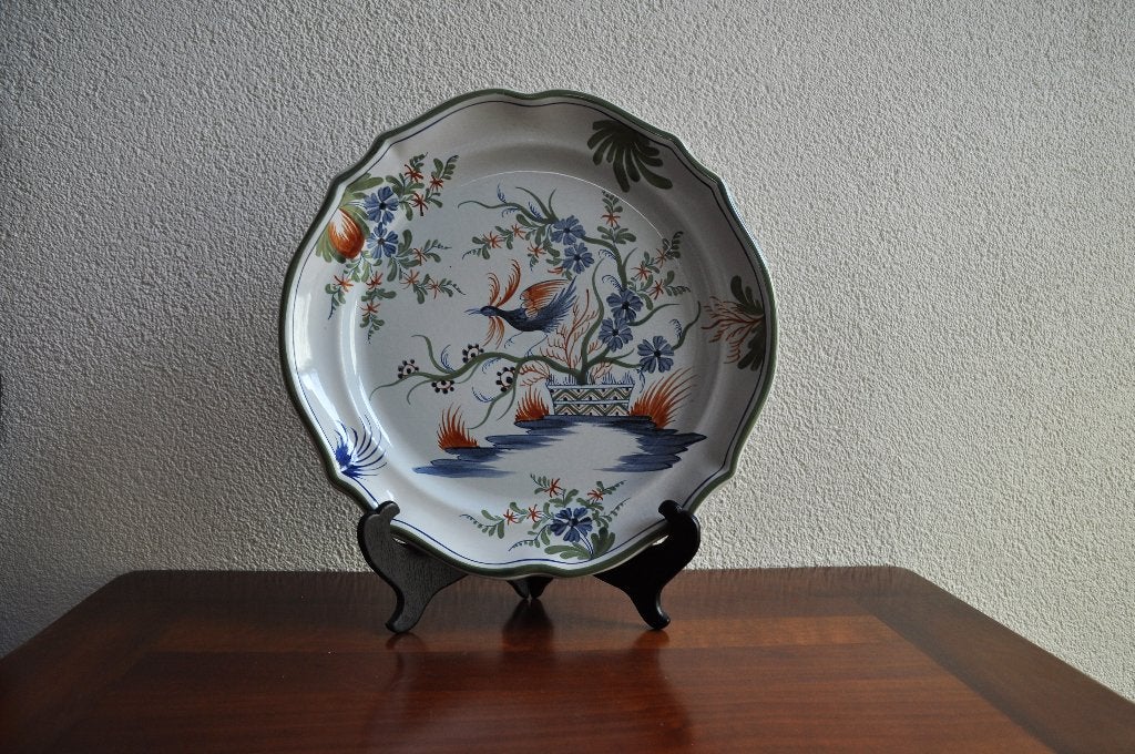 Oud Frans Rouen Faience bord wandbord Paradijsvogel 30 cm, Antiek en Kunst, Ophalen