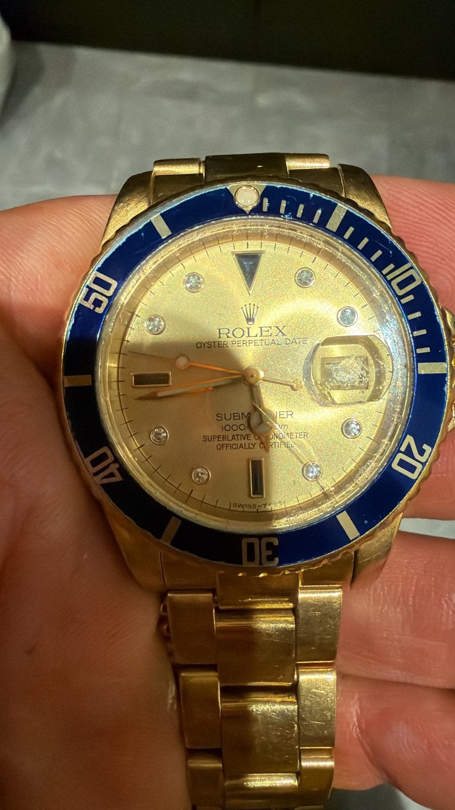 Rolex Submariner 16618 18K Yellow Gold Blue Diamond Dial, Ophalen, Zo goed als nieuw, Goud, Rolex
