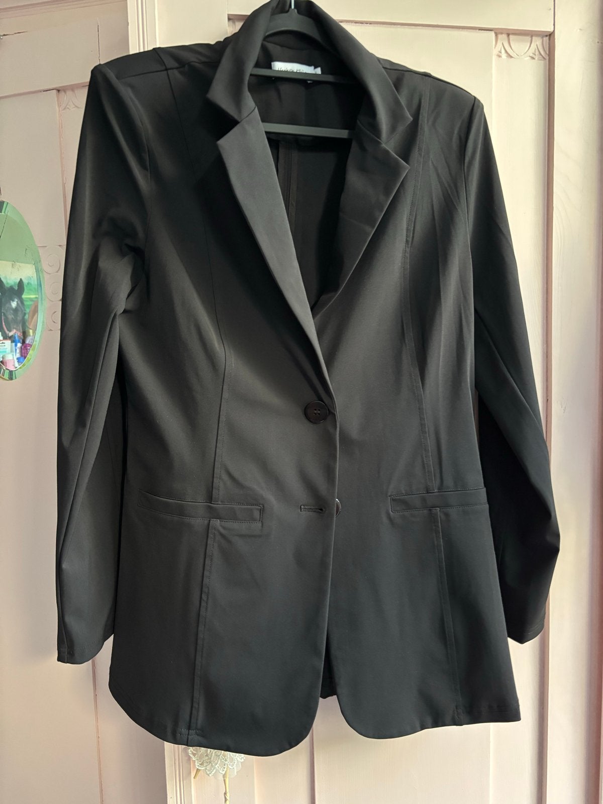 Zwarte blazer travelstof van Nicolette Kluijver, maat L, Zwart, Maat 42/44 (L), Ophalen of Verzenden, Zo goed als nieuw