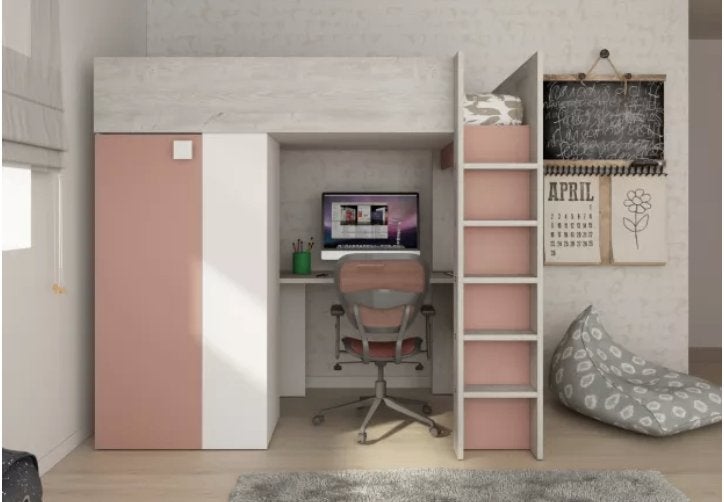 Hoogslaper Trasman Studio 90x200 met bureau cascina oud roze, Ophalen, Gebruikt, Eenpersoons, 200 cm