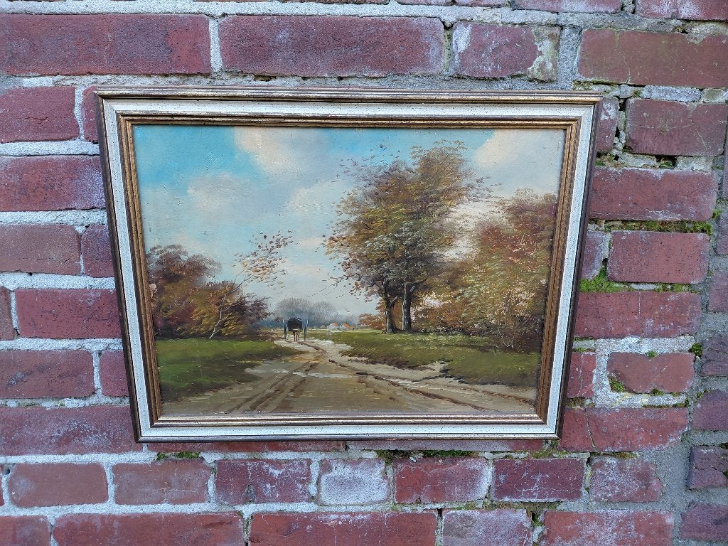 Schilderij landschap met boerenkar op landweg., Antiek en Kunst, Kunst | Schilderijen | Klassiek, Paneel, Nederlandse school, Verzenden