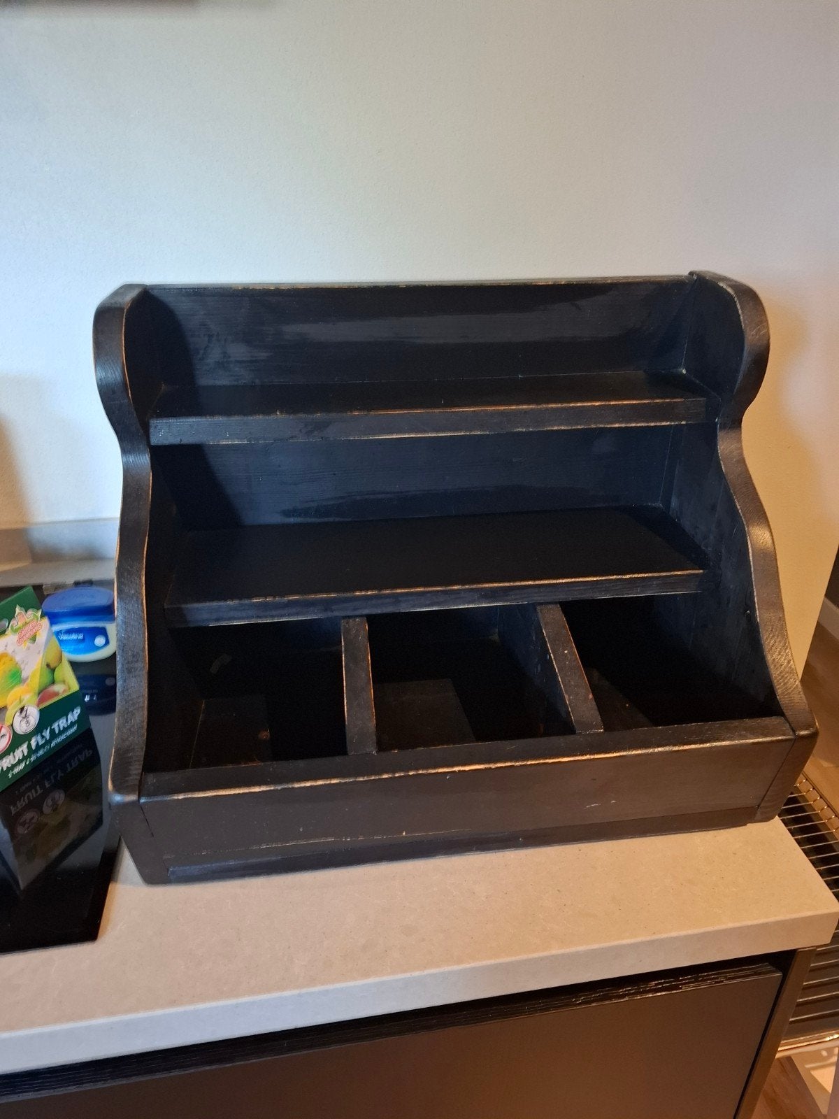 Vintage zwart houten kruidenrekje/opbergrekje, Antiek en Kunst, Ophalen of Verzenden