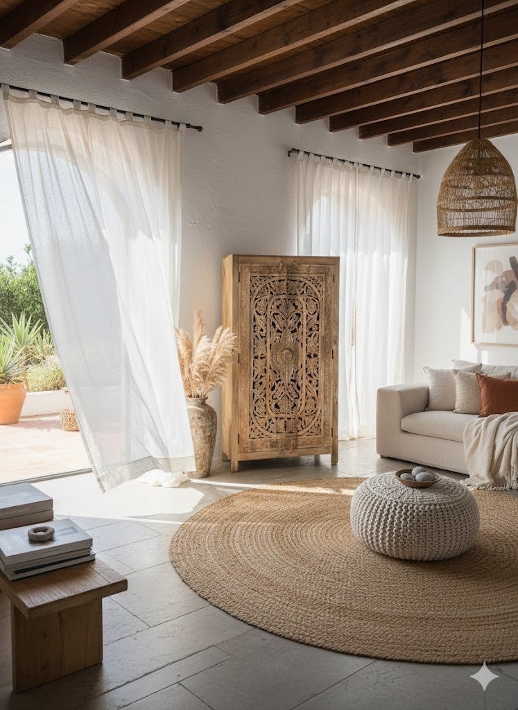 Handgesneden Kast uit India Uniek exemplaar Ibiza/Boho Nieuw, Ophalen, Met deur(en), 100 tot 150 cm, Ibiza/Boho/Botanisch