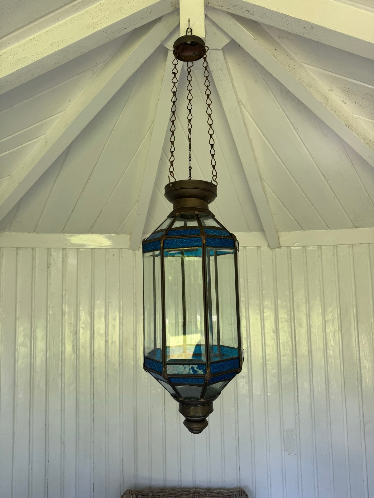 Antieke hanglamp met blauw glas in lood, Antiek en Kunst, Ophalen