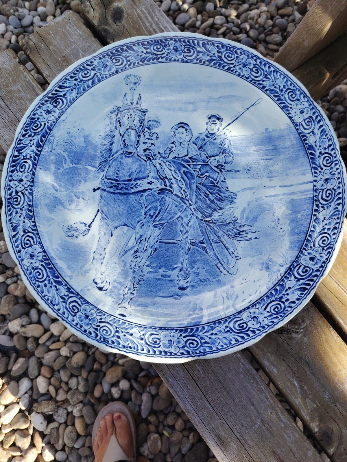 Antiek Boch Delfts Blauw Wandbord - Paard en Wagen, Ophalen