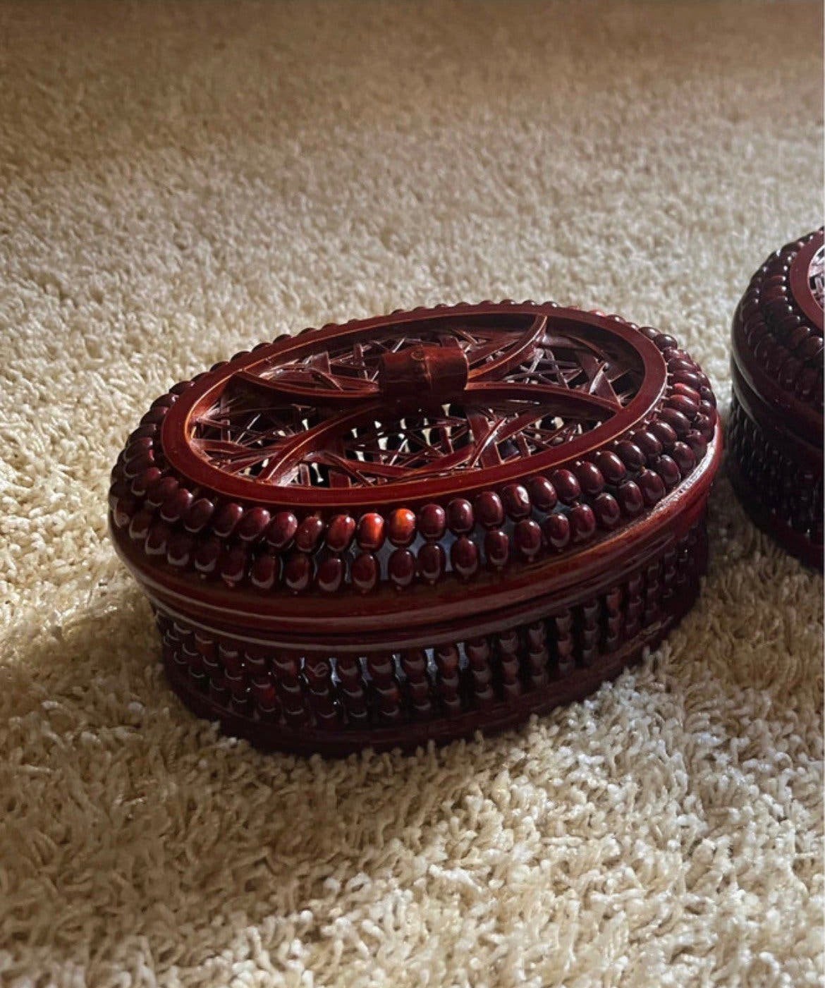 Vintage bamboe chinese naai doos ovaal 15,5x12, Bruin, Ophalen of Verzenden, Doos