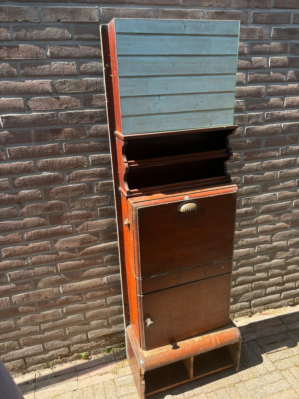 Antiek houten wastafelkastje met spiegel en originele waskom, Ophalen, Overige vormen, 50 tot 100 cm, 150 tot 200 cm