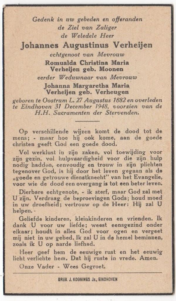 Johannes A. Verheijen 1882 Oostrum + 1948 Eindhoven, 66 jaar, Verzamelen, Verzenden