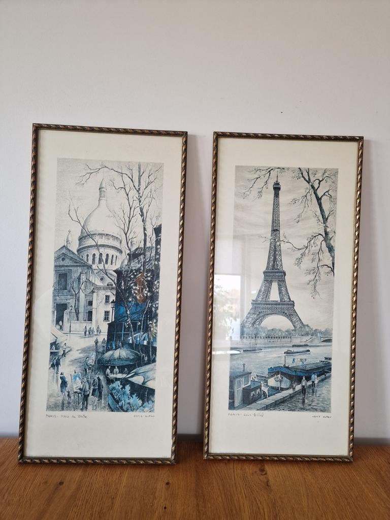 Set van 2 ingelijste Parijse prenten - Ortiz Alfau, Antiek en Kunst, Kunst | Etsen en Gravures, Ophalen of Verzenden