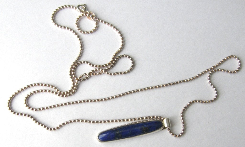 925 zilveren set grote Lapis Lazuli hanger lange ketting, Ophalen, Zilver, Ketting, Met edelsteen