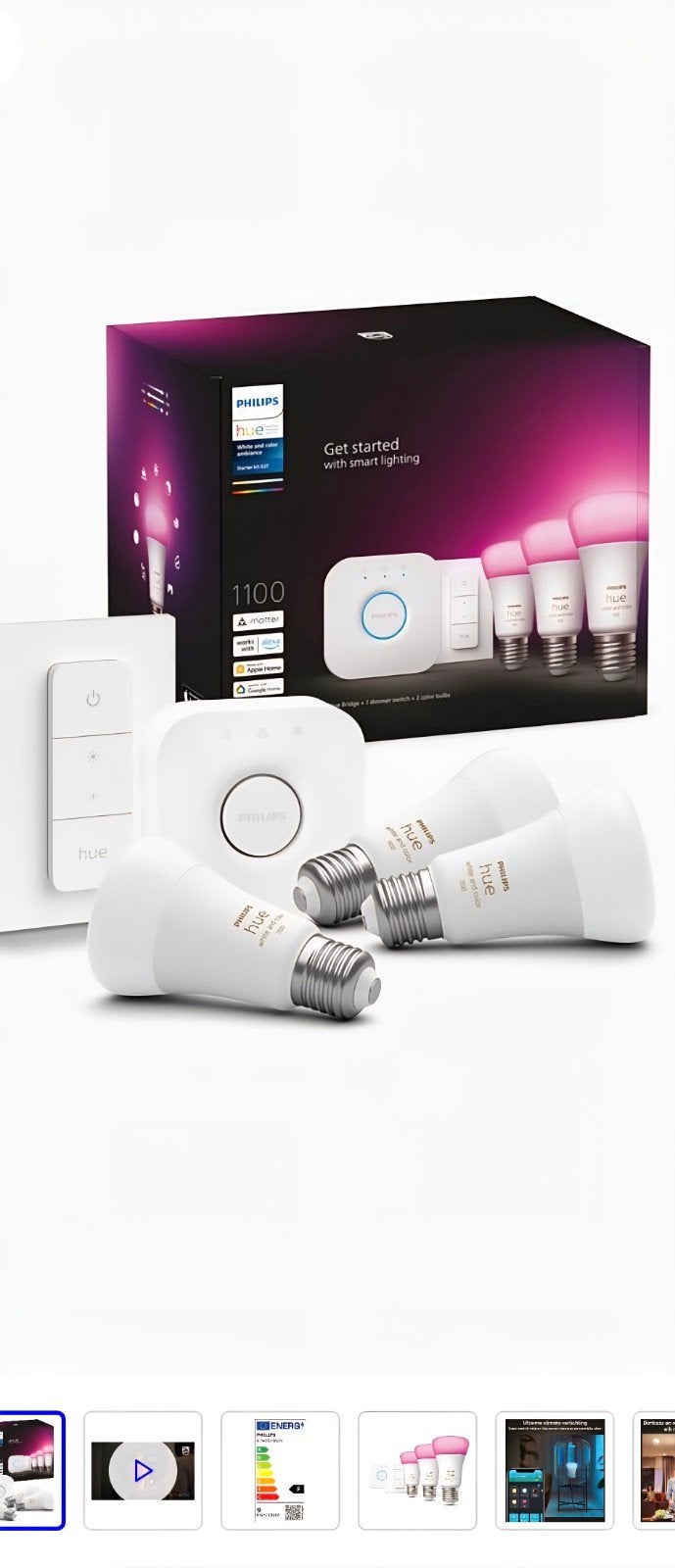 Philips Hue Starterkit: 3x E27 Kleur, Bridge & Dimmer, Smart home compatibel, Meerkleurig, Nieuw, Philips Hue