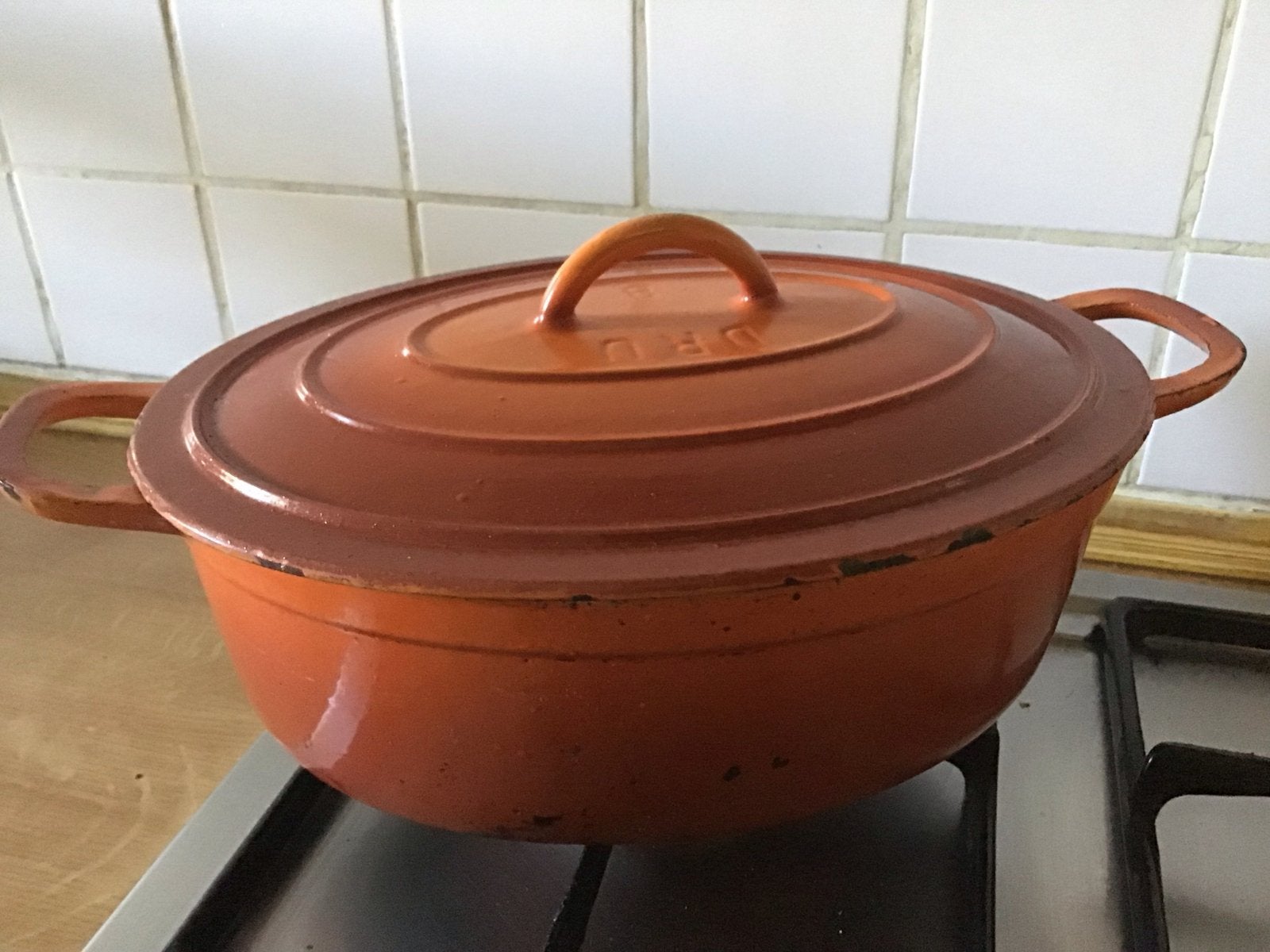 Gietijzeren Braadpan Dru - Oranje, Gebruikt, Met deksel, Ophalen of Verzenden, Overige merken