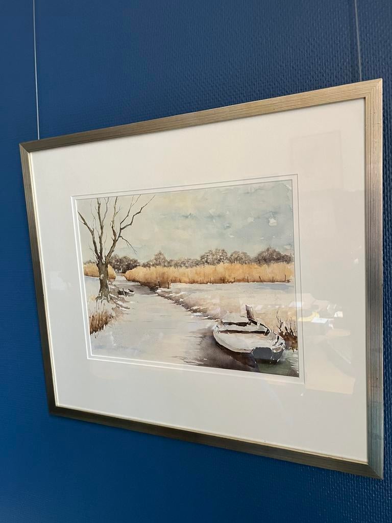 Aquarel WINTERLANDSCHAP Schilderij GIETHOORN Bootjes Riet ed, Antiek en Kunst, Kunst | Schilderijen | Klassiek, Ophalen of Verzenden