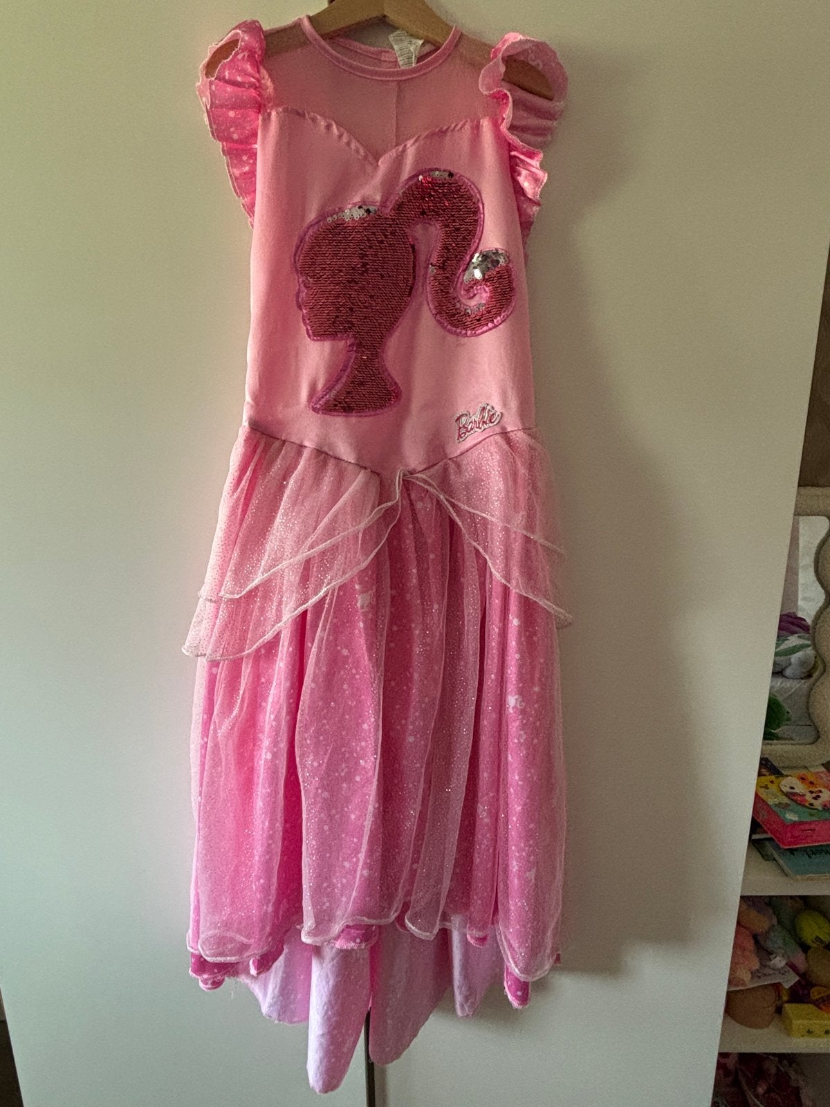 Barbie prinsessenjurk roze met pailletten, Ophalen of Verzenden, Gebruikt, 122 t/m 128, Meisje