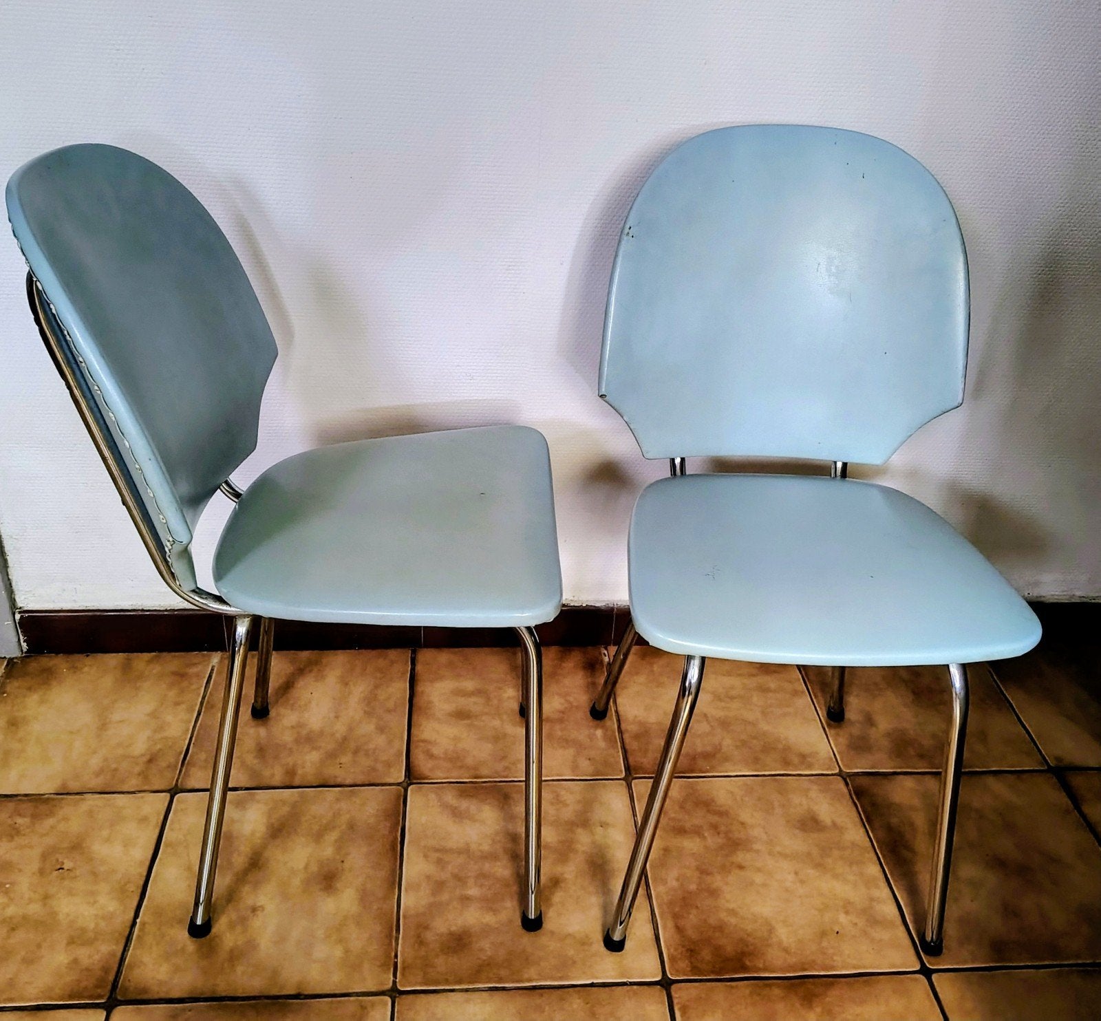Buisframe stoelen lichtblauw 2 stuks, Ophalen, Overige materialen, Gebruikt, Twee